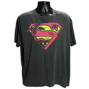 Superman Logo T-Shirt | Size 2XL | Distressed Red Symbol & Neon Yellow on Gray